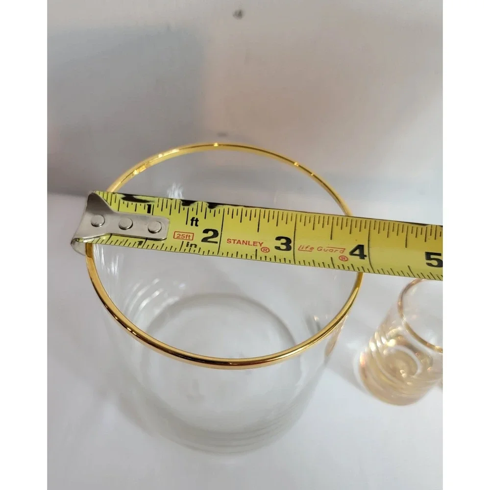 Vintage MCM Shot Glass Set w/ Holder Barware Gold Tone‎ Rim Retro